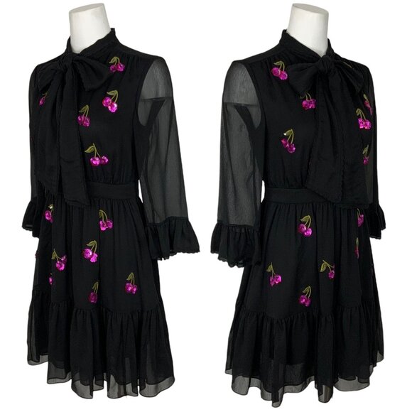 Kate Spade Sequins Cherries Shirtdress 4 Black Mini Bow Tie Neck Ruffle Formal - Picture 3 of 12